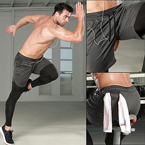 Одоланд 2 пакет компресија за мажи кои работат, 2 на 1 Брзо суво атлетско тренингот џемпери шорцеви за салата за салата со џеб