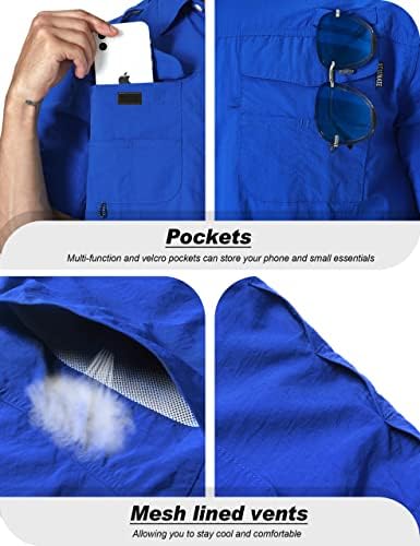 Менс со кратки ракави за риболов кошули UPF 50+ Сонце Потек УВ кошули за пешачење со копче за работа надолу со кошули со џебови