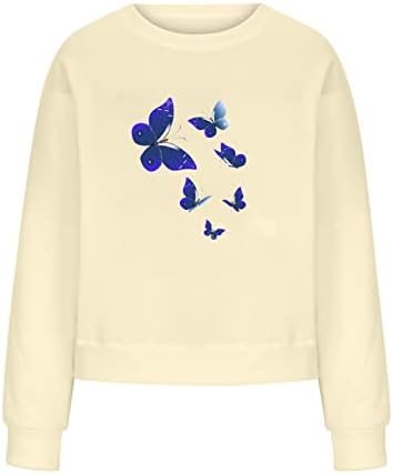 Narhbrg Teen Girls Butterfly Print Sweatsher за жени преголеми врвови на пулвер врвови удобни долги ракави екипаж со кошула за надворешна