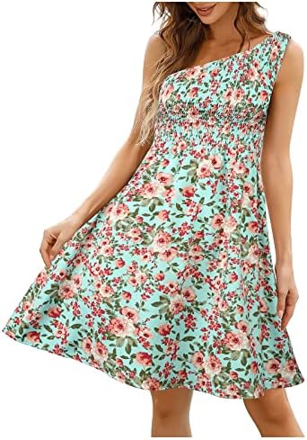Плус фустан со големина за жени лето, лето здолниште на плажа, цветно едно рамо со средна должина фустан без ремен безжичен фустан