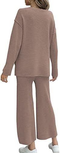 Сензерски жени 2 парчиња облеки џемпер постави копчиња со долг ракав плетен пуловер џемпер врвот широки панталони за нозе дневни сетови
