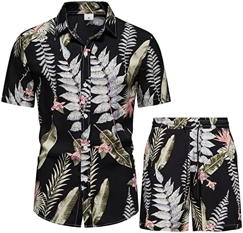 Машко лето Хаваи печати костум со кратки ракави со две парчиња, спуштете ја кошулата со џебни шорцеви од џеб, костум за машка костум