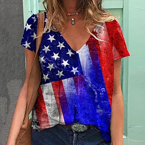 Деласи тинејџерки девојки САД знаме starвездени графички маици што влеваат деколте на плоштад вратот блузи маици со кратки ракави за