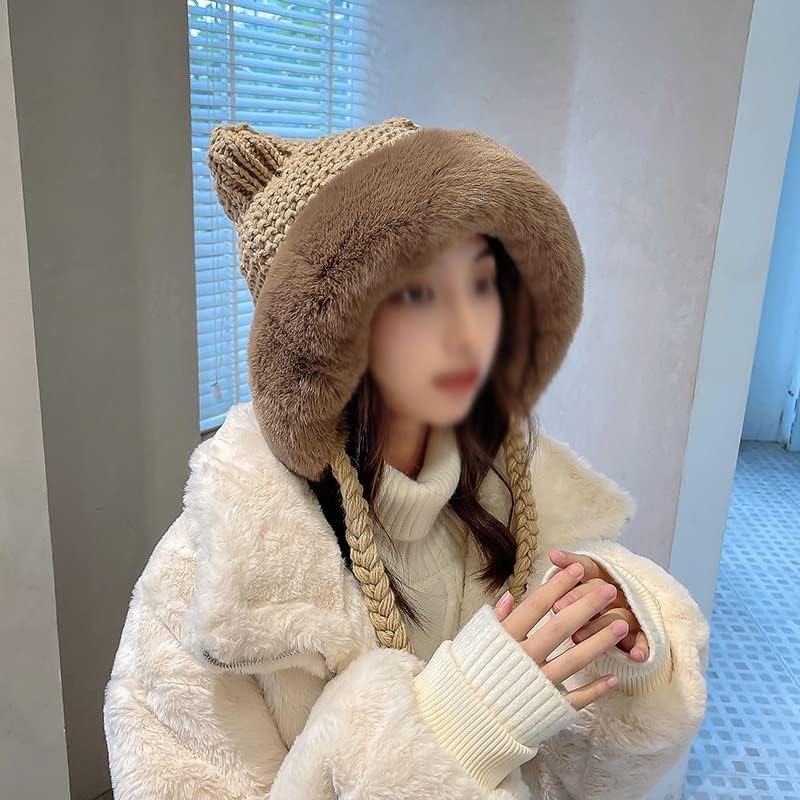 Дуба жени зимска топла слатка симпатична бени капа мачки уши плетена капчиња од капа со капа со плетенка