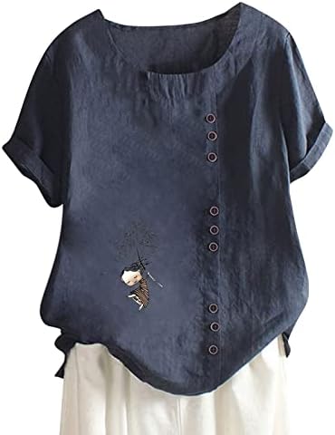 Женски Фустан Блузи Памук Лен Круг Вратот Краток Ракав Со Копче Блузи Печатени Маица Блузи И Блузи