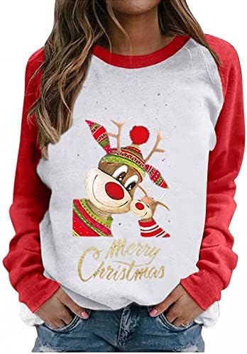 Божиќни кошули за жени, женски Божиќни печати со долги ракави, џемпери на екипажот на вратот на вратот на вратот, плус големина