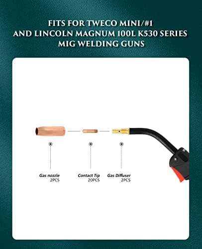 MIG комплет за додатоци за заварување за Линколн Магнум 100L Tweco Mini 1, 11-35 0.035 '' Совети за контакт 21-50 гасни млазници 35-50