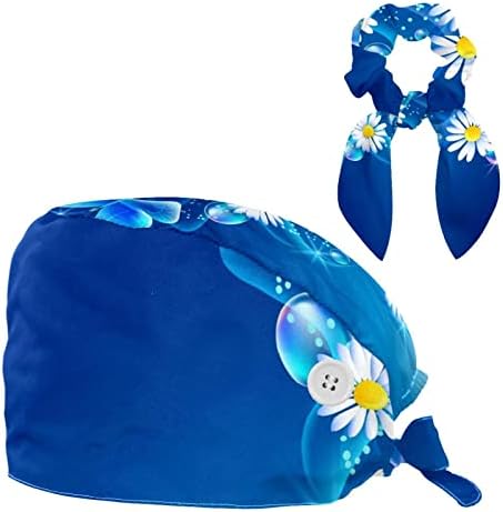 Медицински капачиња Прилагодливо работно капаче со копчиња и лак за коса, чиста сина пеперутка меурчиња Дејзи цветно небо