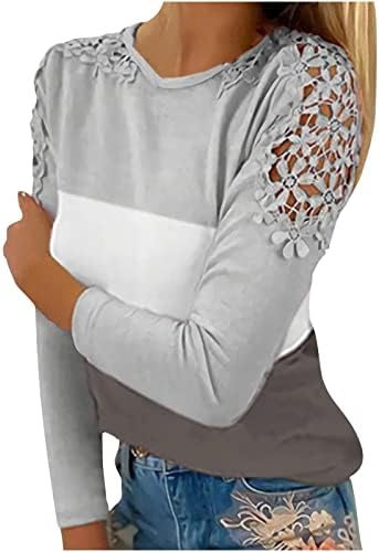 Nokmopo женски чипка шупливи врвови есен ладно рамо кошула цврста тркалезна врата со долги ракави маица врвот лабава основна