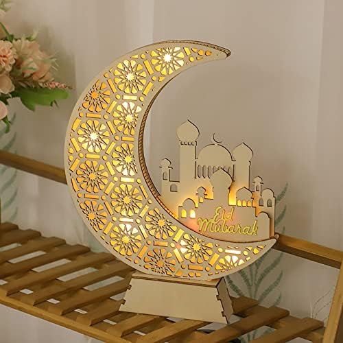 Бобомоти Рамадан ноќна светлина, Еид Мубарак полумесечина LED светло, дрвена Ејд Мубарак Декорации Светла, исламски муслимански