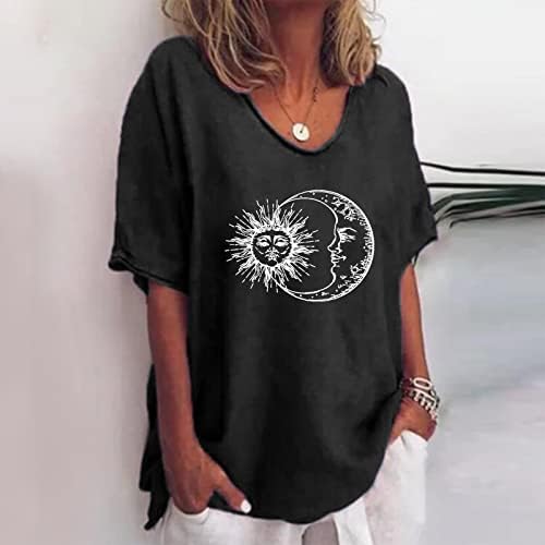 Womenените кратки ракави со маица V-врат маица Сонце графички ти-тинејџерски девојки Обични кошула Топ Месечина ПЕНТИВЕН ПЕНВЕР ЛЕН БЛУЗА