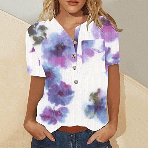 Секси врвови за жени цветни шема предни џебови блуза V-вратот копче до кратки ракави удобни летни облеки маици
