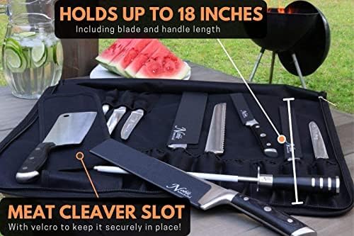 Ролна со ножеви на готвачот и пакет со ножеви од 10 парчиња. Торбата со ножеви има 10 ножеви плус месо од месо и патент торбичка. Ножевите обвивки