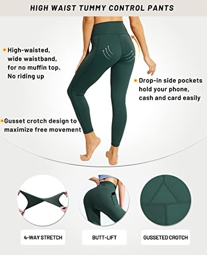 Миер женски високи половини за компресија на јога панталони за контрола на стомакот, атлетични хеланки со странични џебови со странични