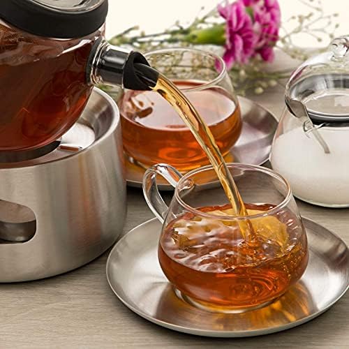Елфин стаклен чајник сет со сет за чаши и шеќер и крема.