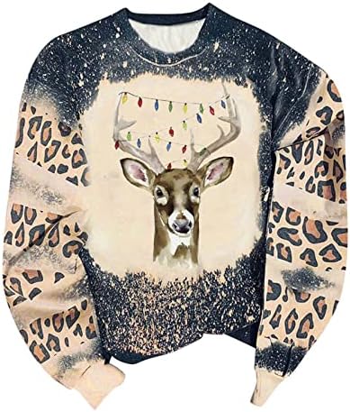 Леопард маица со долги ракави за жени новогодишни елки, врвови на снегулки, печатено преголеми џемпер од маички со маички