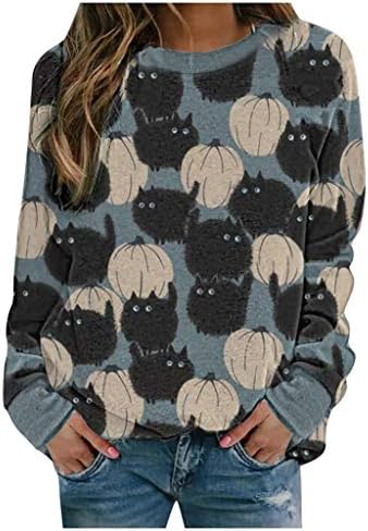 Narhbrg Massion Crewneck Sweatshirt за жени тиква црна мачка печати есен кошули случајно лабаво вклопување удобно мек пуловер