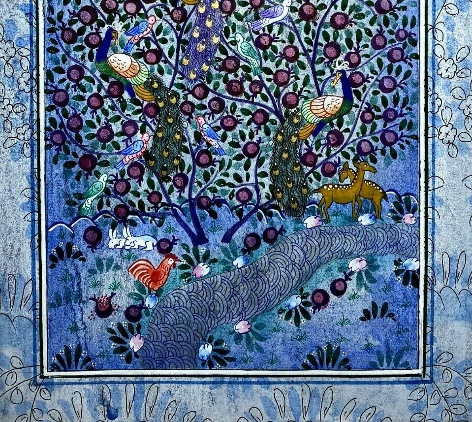Минијатурно сликарство Персиско уметничко дело свилено хартија рачно изработено дрво на животот 11x7.5