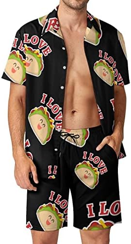 Baikutouan Јас сакам машка машка 2 парчиња хавајски кошула одговара случајно лабаво копче надолу и шорцеви на плажа облека за одмор