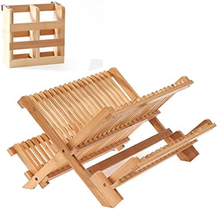 Aptwow Bamboo Buse Rack Rack со држач за прибор, 3 нивоа за сушење на дрвени садови за сушење на бамбус, бамбус за сушење бамбус