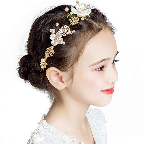 Детска свадба додатоци за коса, цветни принцези Headpiece бисери Тијара Прва причест за коса за девојчиња и жени слатка симпатична невестинска