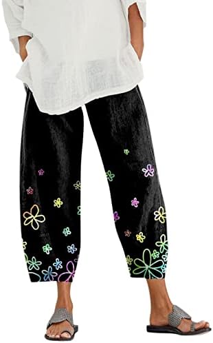 ДСОДАН КАПРИ Панталони за жени памучни постелнина широка нога Каприс летово уметност цветна еластична еластична половината торба исечени