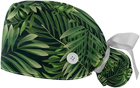 2 парчиња работни капачиња со долга коса, чистете капачиња за глава за жени темно зелени тропски лисја