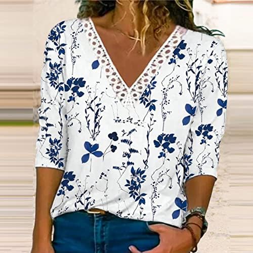 Nokmopo кошули со долги ракави дами V вратот обичен долг ракав лежерна удобна лабава чипка маица за печатење врвот на врвот
