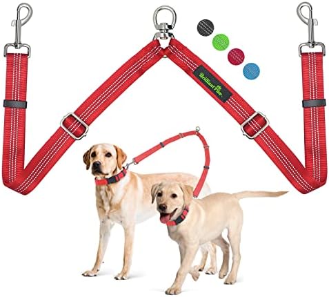Брилијантен поводник за двојно кучиња, две раздвојувач на кучиња, прилагодлива должина и затегнување, тешка обука за одење, двојно