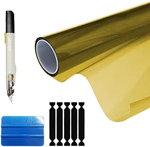 VViViD Жолта Нијанса НА Фаровите DIY Комплетен Пакет Вклучувајќи 2 Ролни Жолта Нијанса на Фаровите 12 x 24, Врвен Нож За Повлекување, Гумен И 10