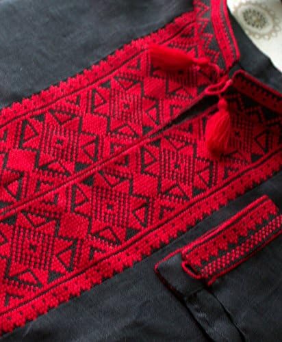 Рачно изработена црна Вишиванка, постелнина кошула црвена извезена 3XL Купала Ден Продажба