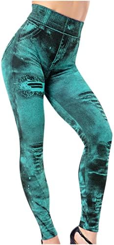 Ojus жени обични панталони имитираат тексас хеланки женски супер еластични дами теки панталони истегнуваат тексас нога зелено