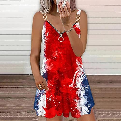 Денот на независноста на HCJKDU Фустан за жени со широк ремен без ракави V вратот со патент судес летни обични плажа мини фустани