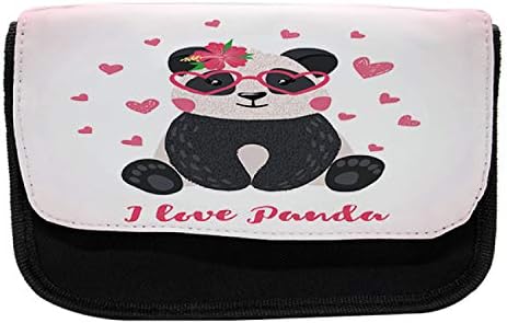 Зачудувачки случај со молив на панда, животно со хибискус, торба со молив со ткаенини со двоен патент, 8,5 x 5,5, розова темна