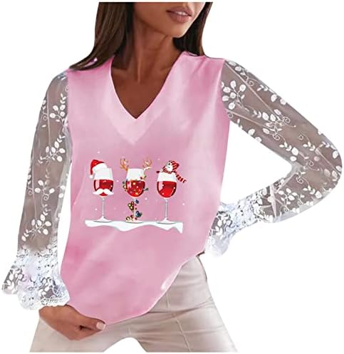 Божиќни кошули за жени облечени чиста чипка чипка блуза врвот V вратот сјајно вино Божиќ кошула дами смешни празнични туники врвови