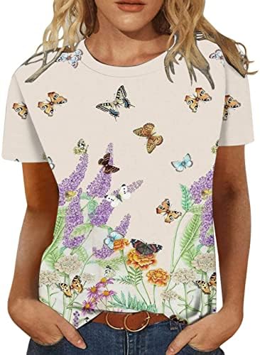 Женски графички маички со кратки ракави трендовски блуза цветни печатени врвни жени со летни маички за лето 2023 година