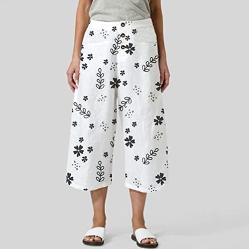Памучни постелнини панталони за жени, лесна лесна светлина со широка нозе лабава цветна јога каприс удобна мода исечени панталони