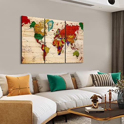 Светска мапа платно wallидна уметност гроздобер мапа на светските слики слики за дневна соба канцеларија wallид декор 3 парче,
