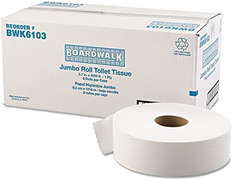 Boardwalk 6103 JRT Bath Tissue, Jumbo, 1-Pl, 3 5/8-инчен x 4000ft, 12-инчен DIA, бела, 6/картон