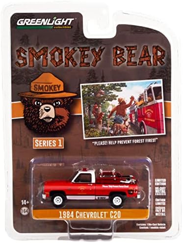 1984 Chevy C20 пикап камион w/оган опрема црево и резервоар ве молам! Помогнете да се спречат шумски пожари! Smokey Bear 1/64 Diecast