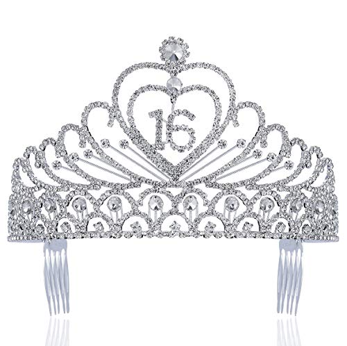 Џенефасионс Слатка Шеснаесет 16 Години 16 Ти Роденден Јасна Бела Австриска Кристална Кристална Метална Дијадема Круна Со Чешли За Коса Принцеза Сребрена Т1629