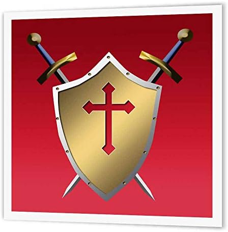3DROSE HT_40074_3 Златен штит со вкрстени мечеви и христијанскиот крст и позадина во кардинално црвено железо на пренесување на топлина, 10 на