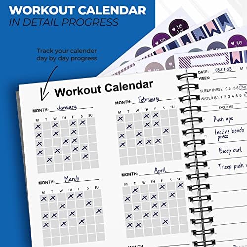 Фитнес Весник + 4 листови налепници. Овој Дневник за Вежбање вклучува 140 страници за вежбање, 20 недели дневни влезови, големина А5 , тврд