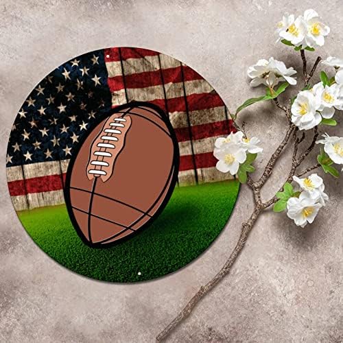 Тркалезен метален калај знак Патриотска Америка во САД знаме и рагби фудбалски спортови гроздобер венец знак метал постер потресен