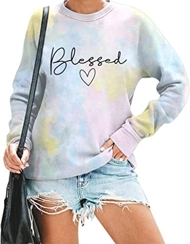 Единствена блажена џемпер за жени со буква печати лесен благодарен на благодарноста на врвовите на блузата