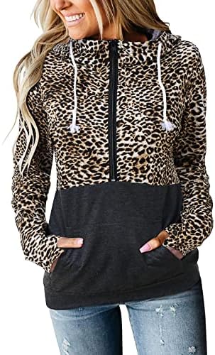 Solersенски женски обичен долги ракави со долги ракави леопард дуксери за џеп во боја на патент во боја на врвови со џебови со џебови