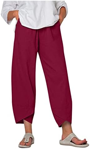 Летните постелнини панталони за жени лабави се вклопуваат памучни постелнина капри пант гроздобер печатење лето плус големина исечени панталони