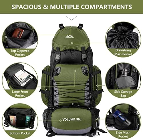 Unineovo 90L Голем ранец за пешачење, водоотпорен пешачки пакет со покривка од дожд, ранец на отворено патување за искачување