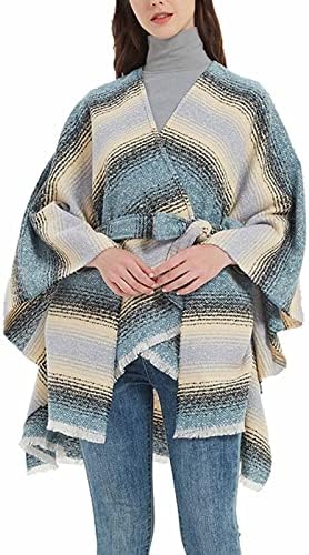 Women'sенски карирана шал -обвивка Пончо Руана Кејп плетена џемпер Отворен фронт Кимоно Кардиган со појас за пролетна есен зима