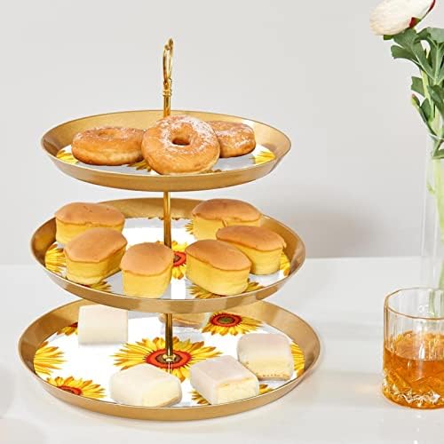 Штанд за торта со златна послужавник за сервирање, 3 нивоа тркалезни садови за тесто од тесто, држач за десерт дрвја за десерт, кула од сончоглед,